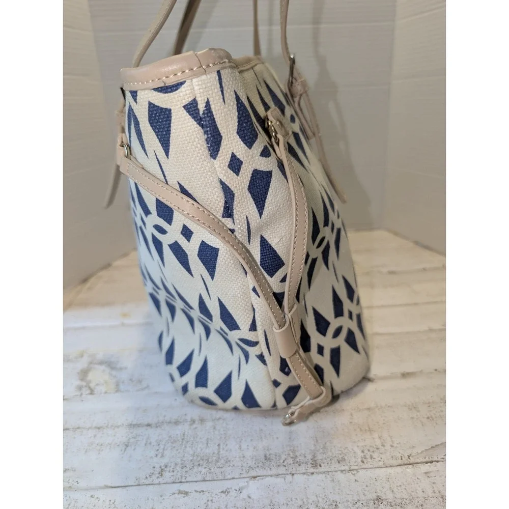 Spartina 449 Jetetter Tote Bag In Navy & Ivory Linen w/Tan Leather Trim Preppy